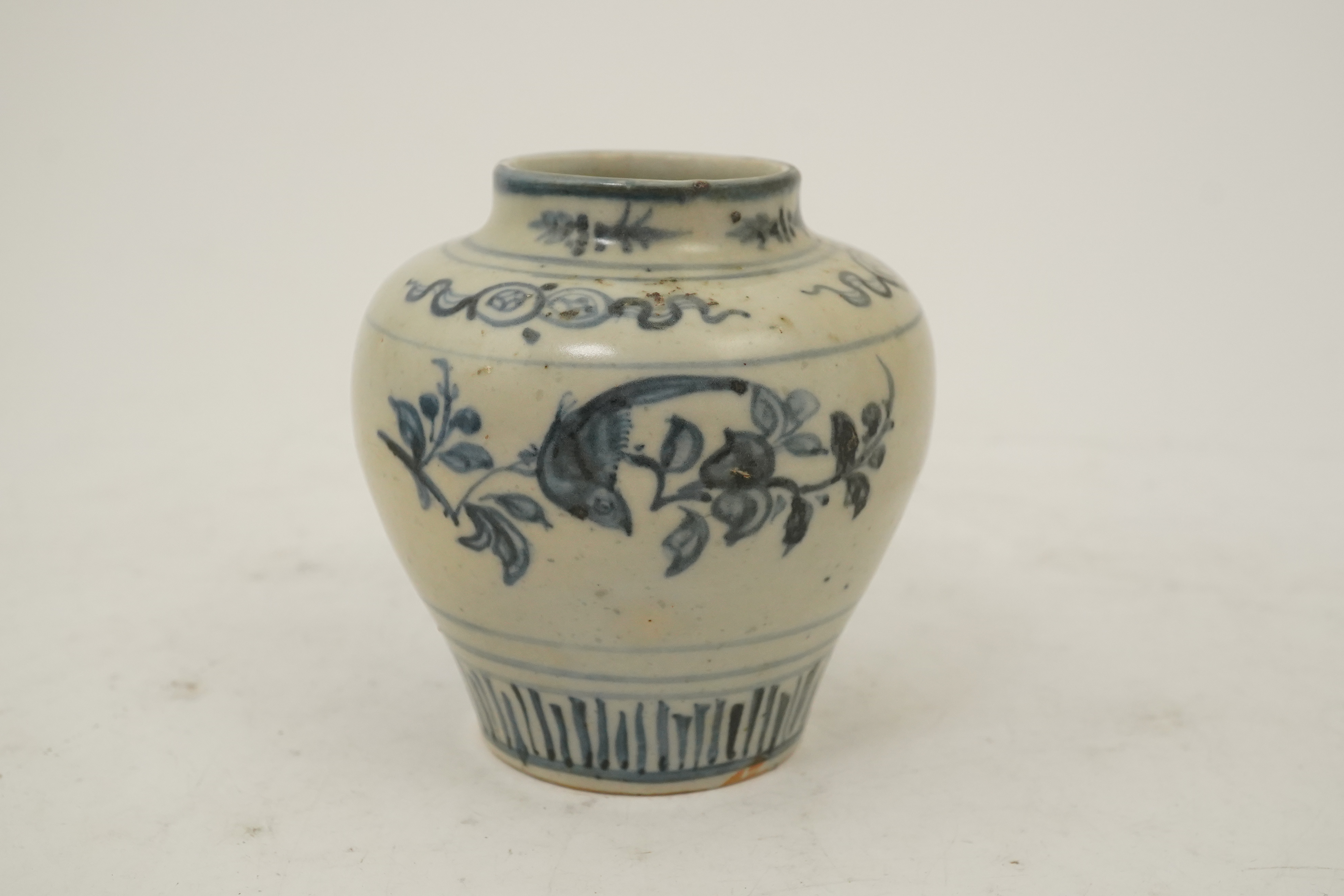 A Chinese blue and white shipwreck small jar, early Ming dynasty